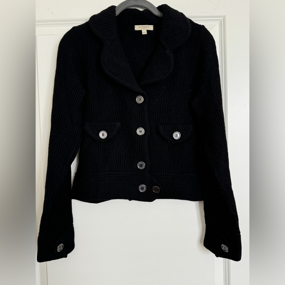 Burberry Black Ribbed Button-Up Wool Sweater Jacket